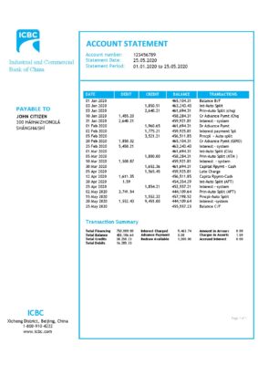 China Industrial and Commercial Bank of China bank statement template in Word and PDF format