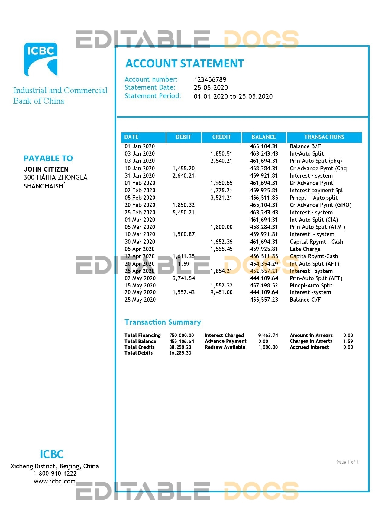 China Industrial and Commercial Bank of China bank statement template in Word and PDF format