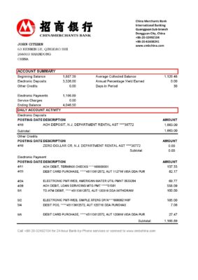 China Merchants bank proof of address statement template in Excel and PDF format