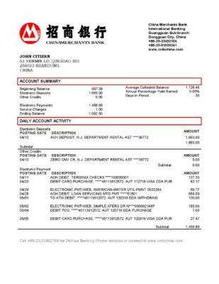 China Merchants bank proof of address statement template in Word and PDF format
