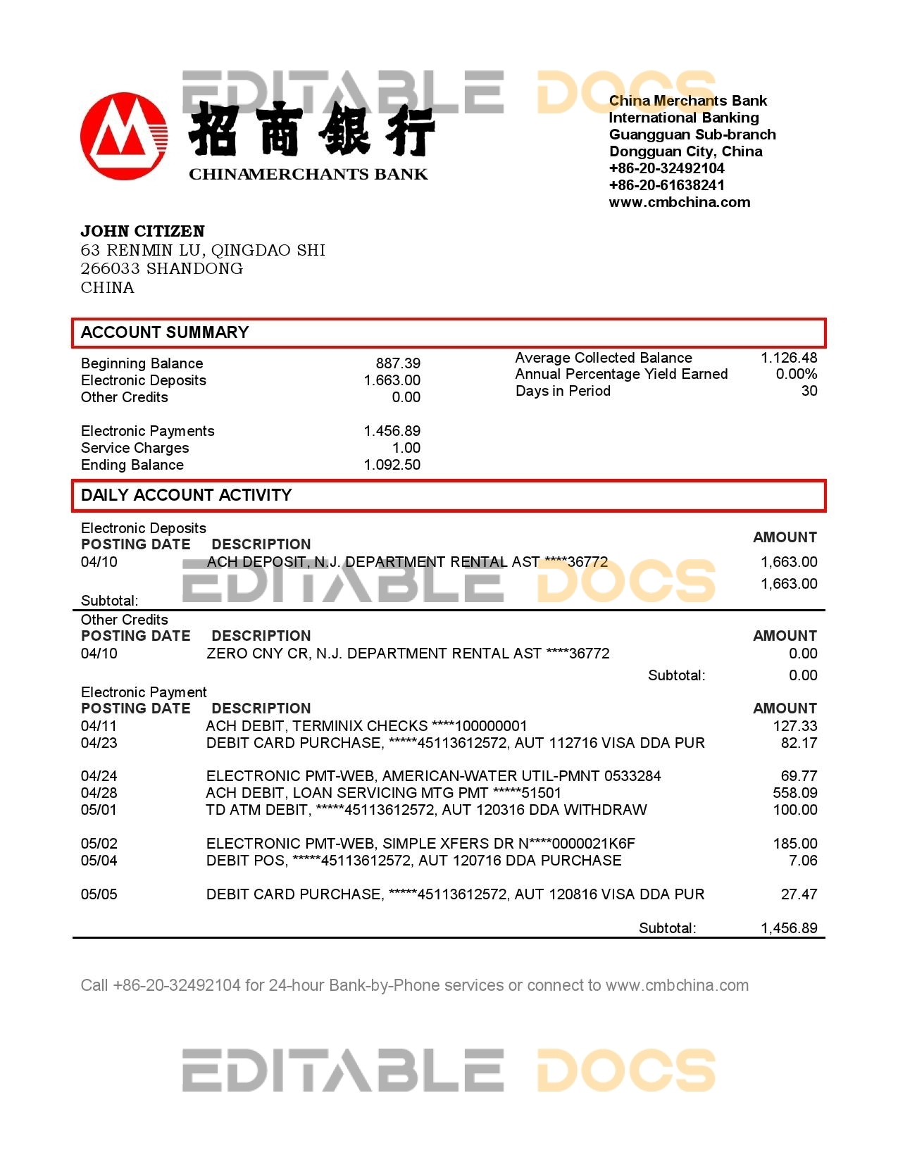 China Merchants bank proof of address statement template in Word and PDF format