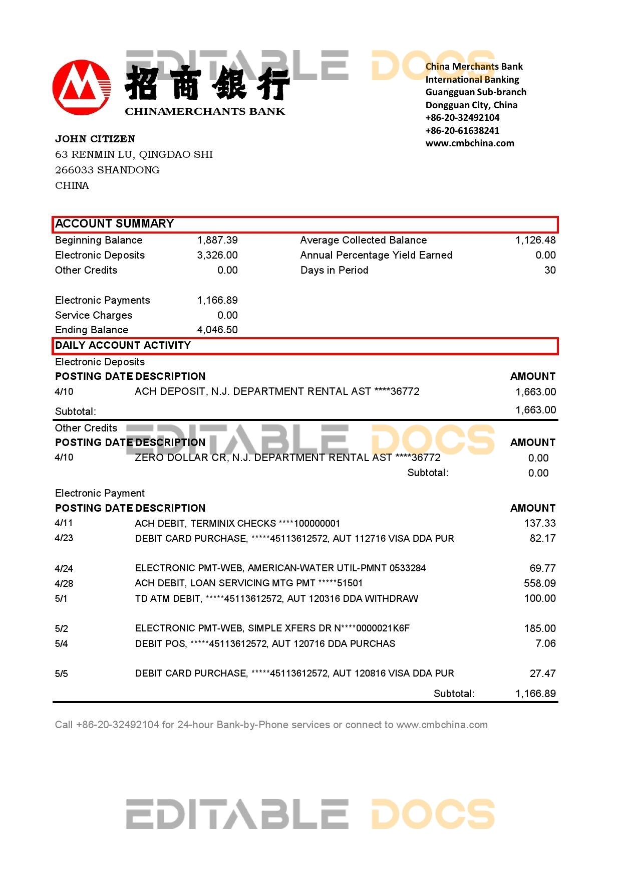 China Merchants bank proof of address statement template in Excel and PDF format