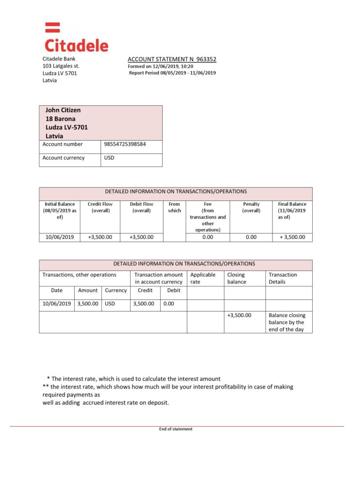 Latvia Citadele bank statement template, Word and PDF format (.doc and .pdf)