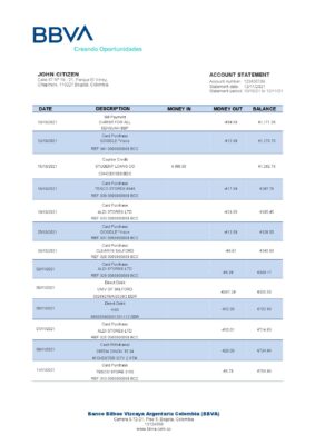 Colombia BBVA bank statement template in Word and PDF format