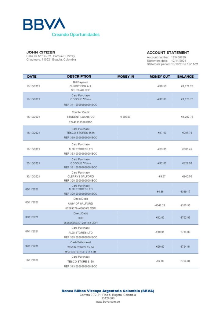 Colombia BBVA bank statement template in Word and PDF format