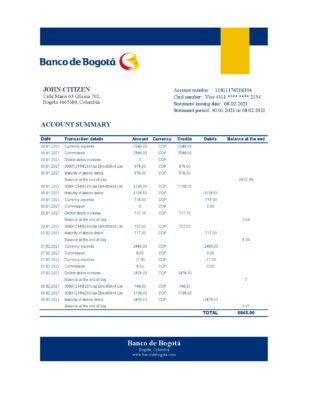 Colombia Banco de Bogotá bank statement easy to fill template in Excel and PDF format
