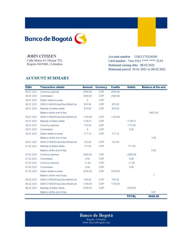 Colombia Banco de Bogotá bank statement easy to fill template in Excel and PDF format