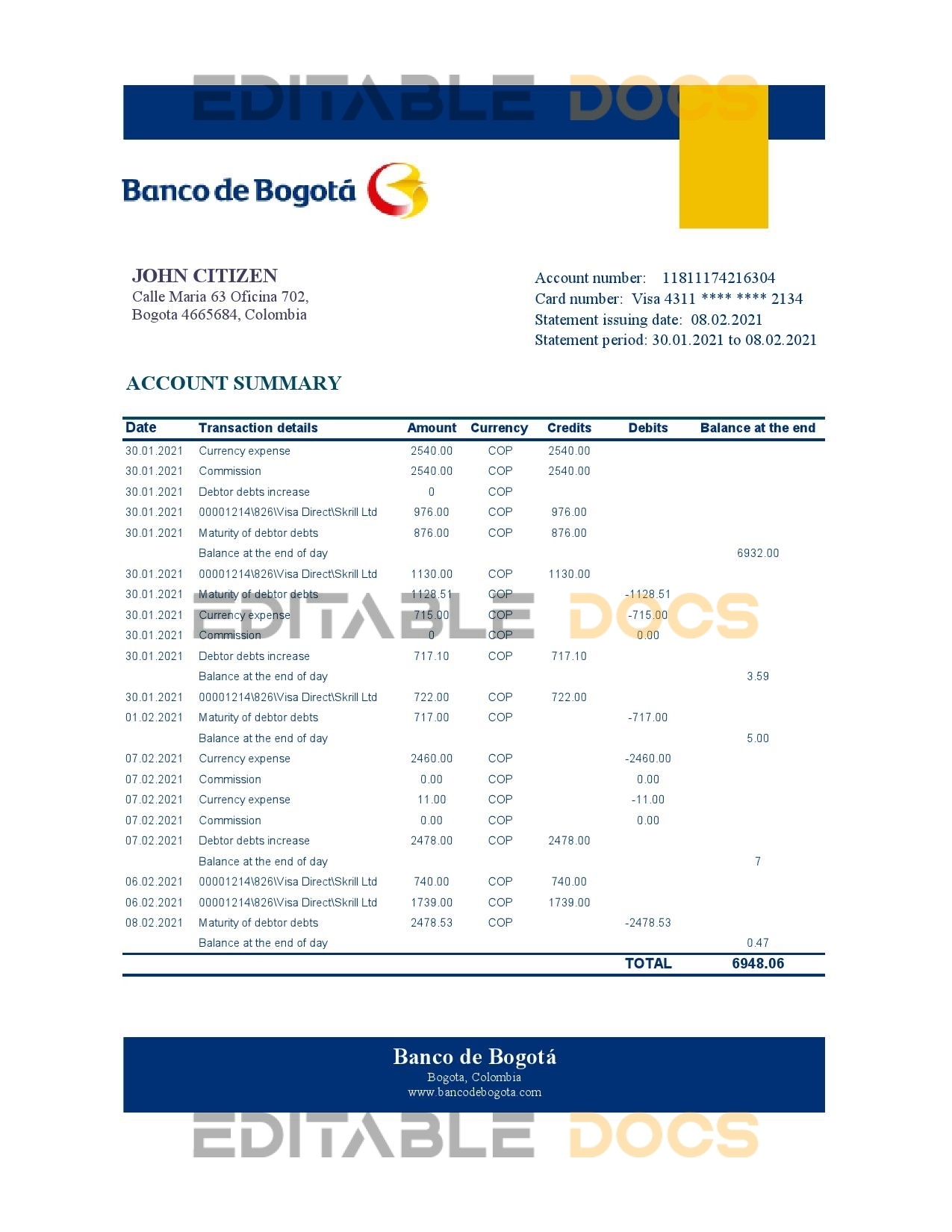 Colombia Banco de Bogotá bank statement easy to fill template in Excel and PDF format