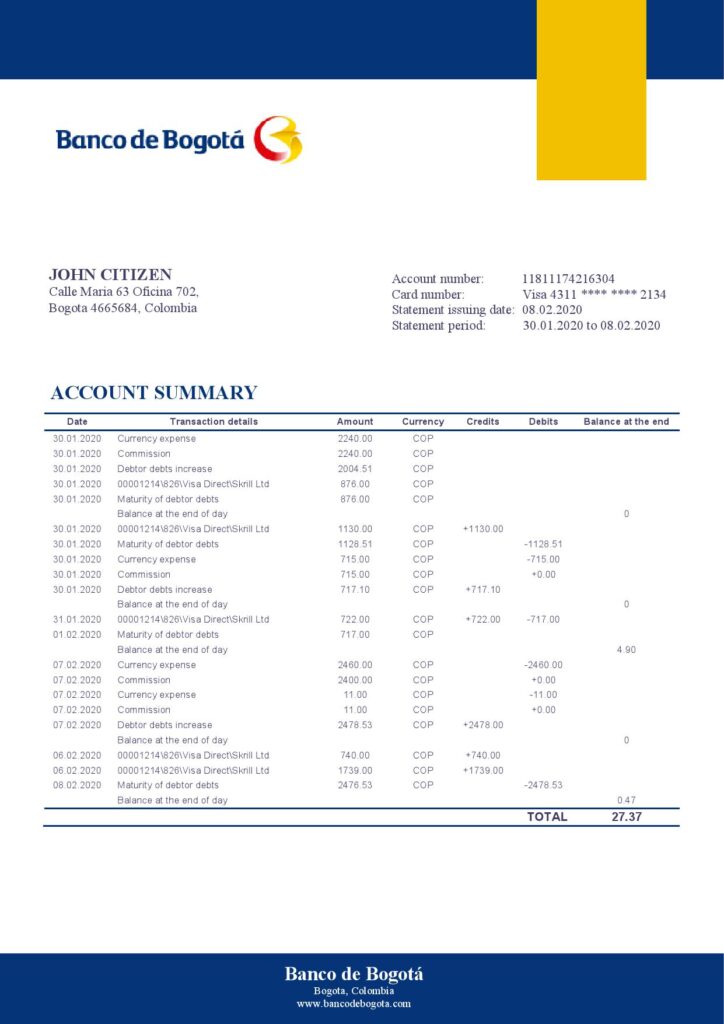 Colombia Banco de Bogotá bank statement template in Word and PDF format