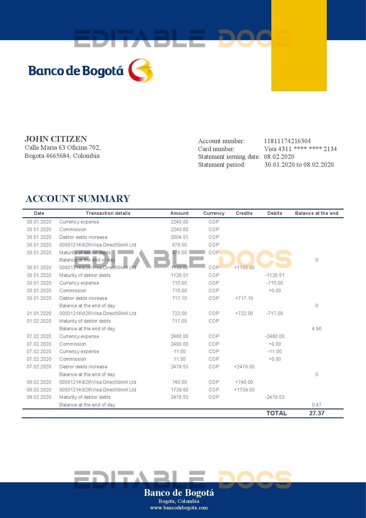 Colombia Banco de Bogotá bank statement template in Word and PDF format