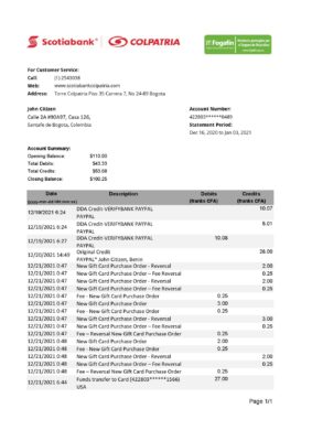 Colombia Scotiabank Colpatria bank proof of address statement template in Excel and PDF format (.xls and .pdf)