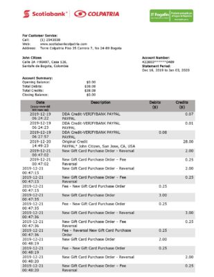 Colombia Scotiabank Colpatria bank proof of address statement template in Word and PDF format (.doc and .pdf)