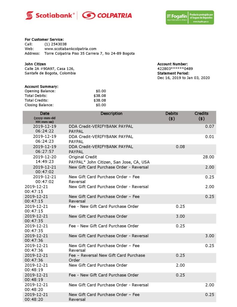 Colombia Scotiabank Colpatria bank proof of address statement template in Word and PDF format (.doc and .pdf)