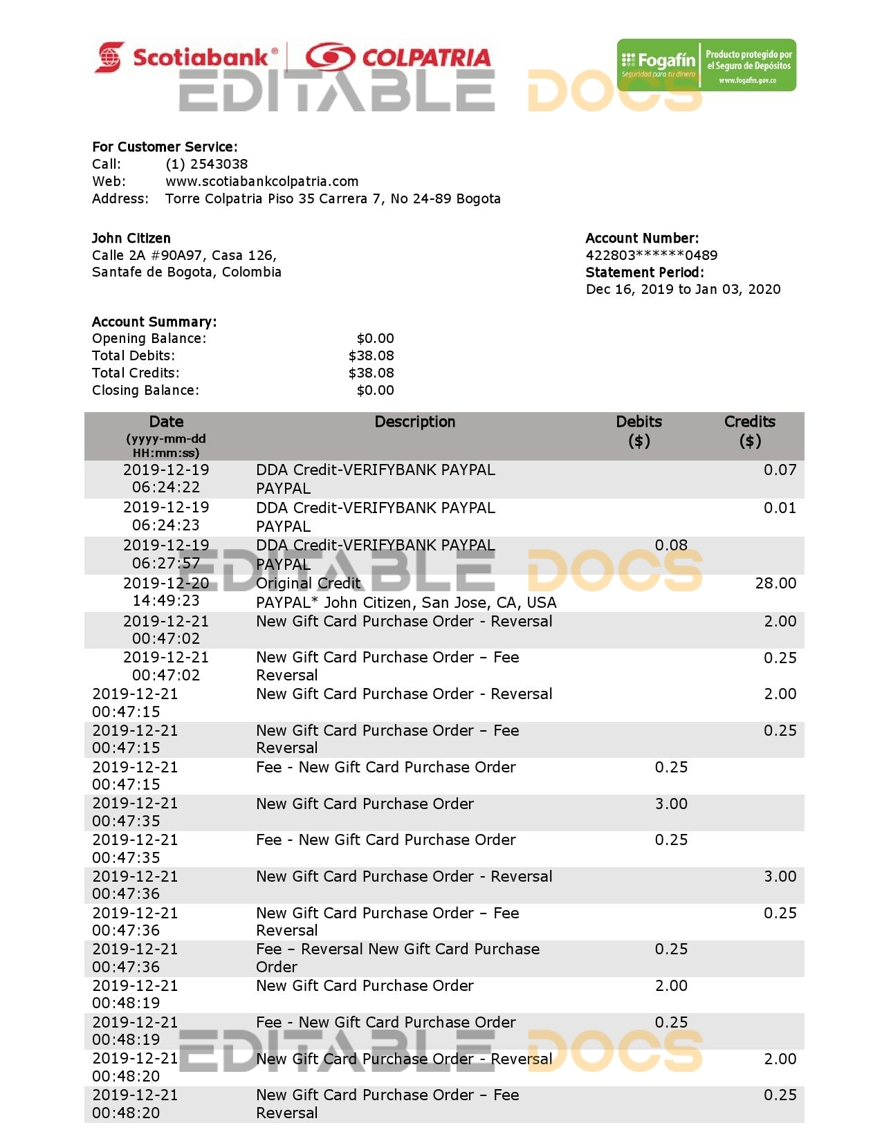 Colombia Scotiabank Colpatria bank proof of address statement template in Word and PDF format (.doc and .pdf)