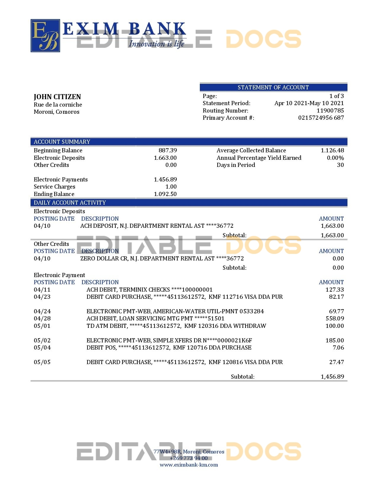 Comoros Exim bank statement Word and PDF template, fully editable
