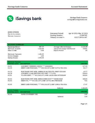 Comoros iSavings bank statement Word and PDF template, completely editable