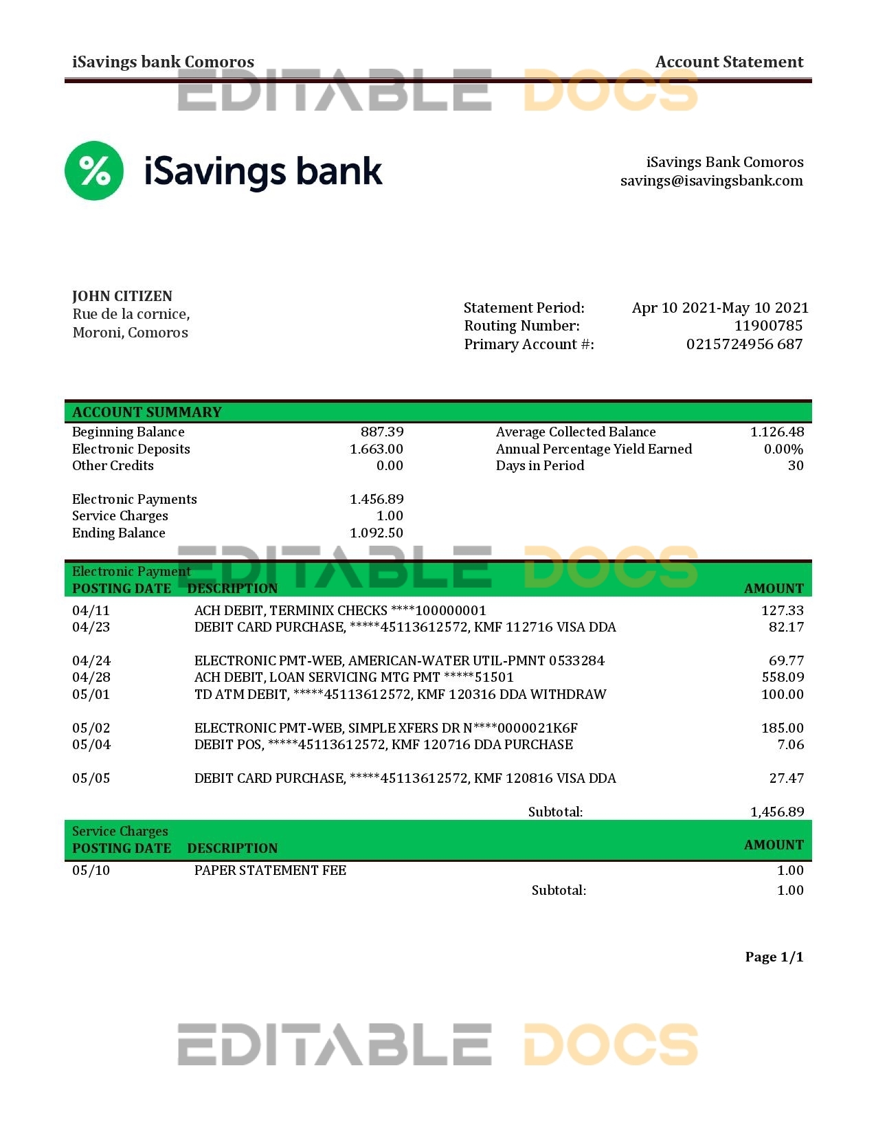 Comoros iSavings bank statement Word and PDF template, completely editable