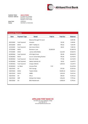 Congo Afriland First bank statement Word and PDF (.doc and .pdf) template