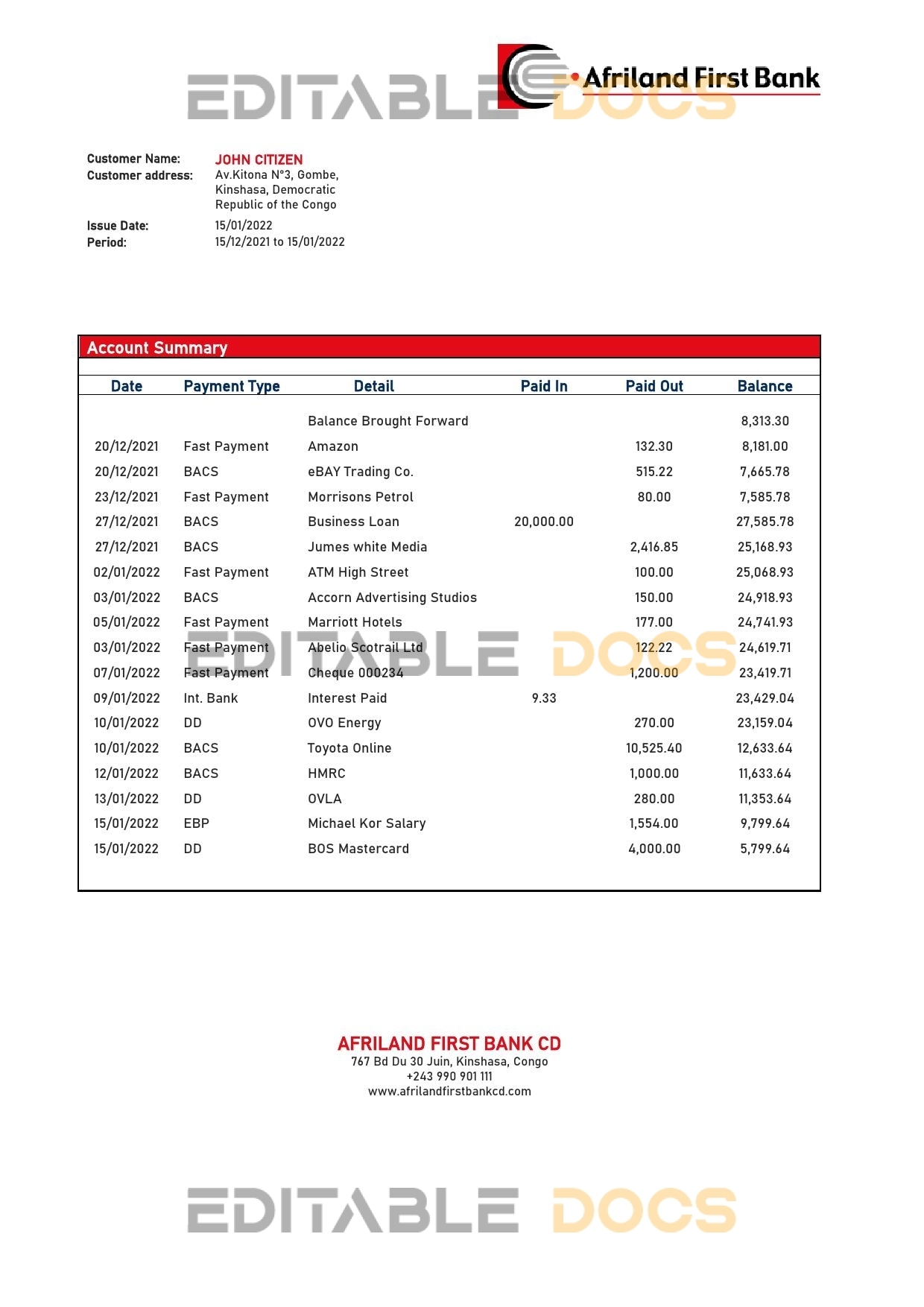 Congo Afriland First bank statement Word and PDF (.doc and .pdf) template