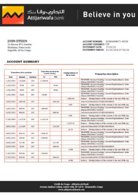 Congo Credit du Congo bank statement Word and PDF (.doc and .pdf) template
