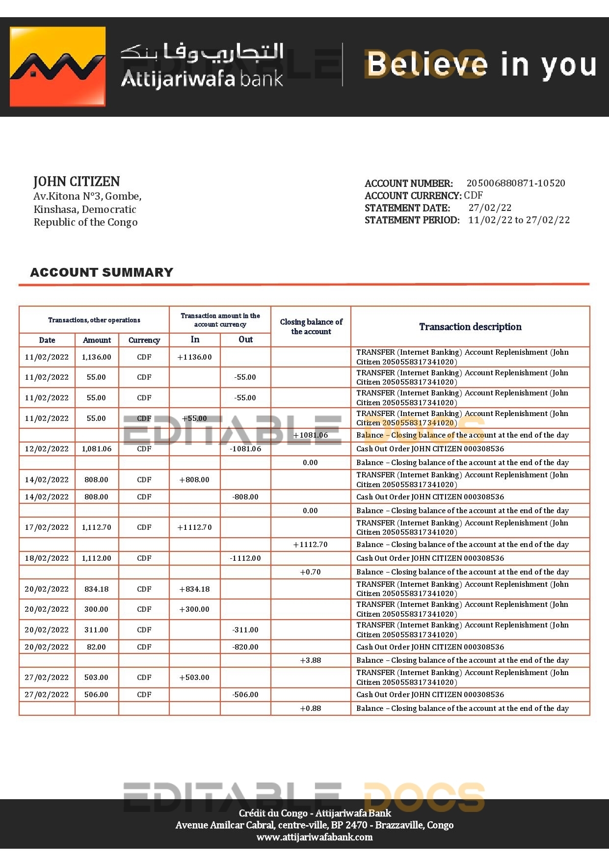 Congo Credit du Congo bank statement Word and PDF (.doc and .pdf) template