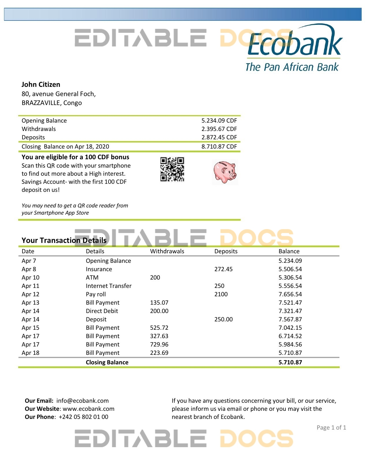 Congo Ecobank bank statement template in .xls and .pdf file format