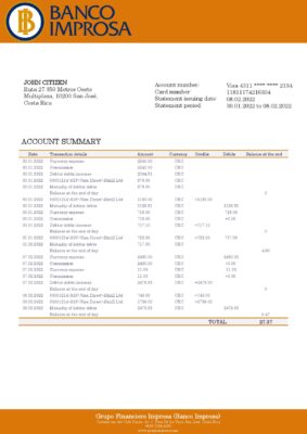 Costa Rica Banco Improsa bank statement template in Word and PDF format