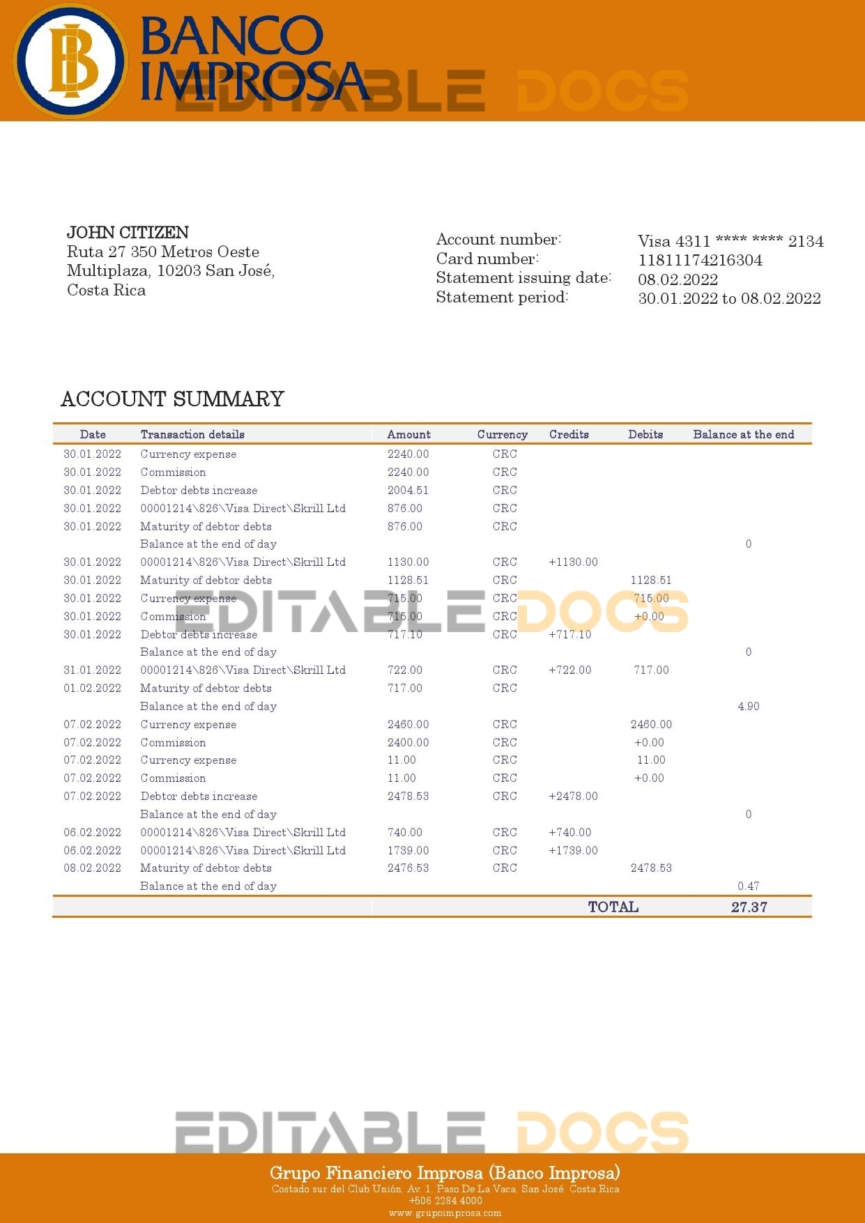 Costa Rica Banco Improsa bank statement template in Word and PDF format