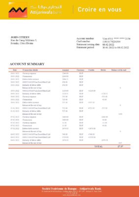 Cote d’Ivoire Attijariwafa bank statement template in Word and PDF format