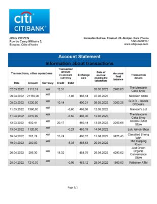 Cote d’Ivoire Citibank bank statement template in Word and PDF format
