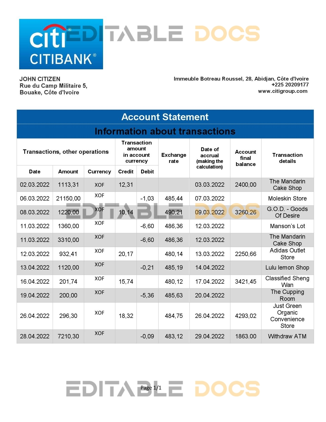 Cote d’Ivoire Citibank bank statement template in Word and PDF format