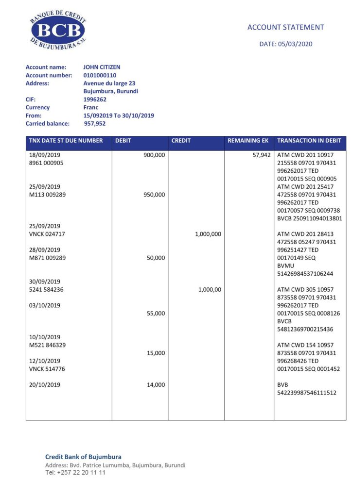 Burundi Credit Bank of Bujumbura bank statement template in .xls and .pdf file format