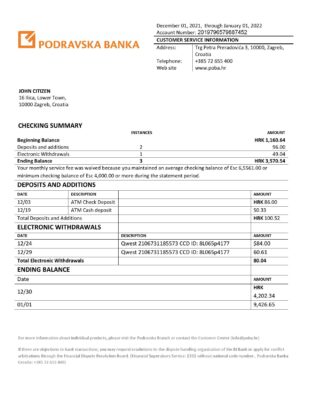 Croatia Podravska bank statement template in Word and PDF format