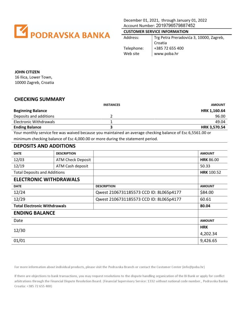 Croatia Podravska bank statement template in Word and PDF format