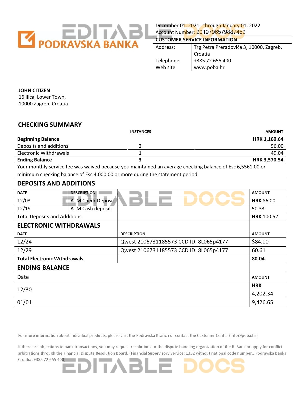 Croatia Podravska bank statement template in Word and PDF format