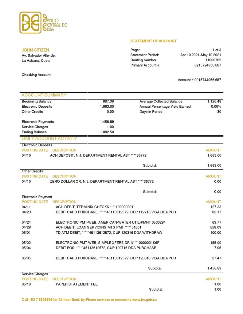 Cuba Banco Central de Cuba bank proof of address statement template in Word and PDF format