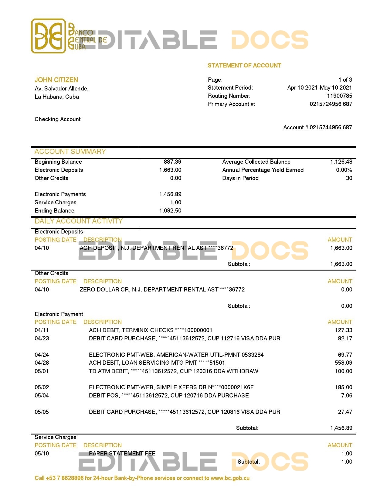 Cuba Banco Central de Cuba bank proof of address statement template in Word and PDF format