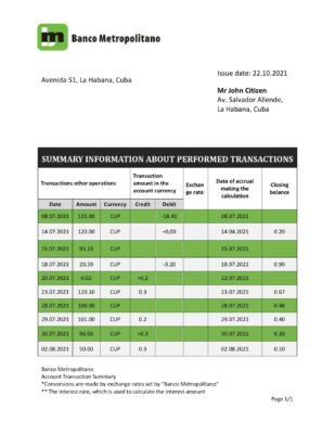 Cuba Banco Metropolitano bank proof of address statement template in Word and PDF format
