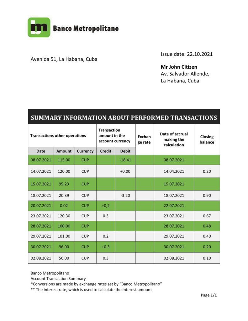 Cuba Banco Metropolitano bank proof of address statement template in Word and PDF format
