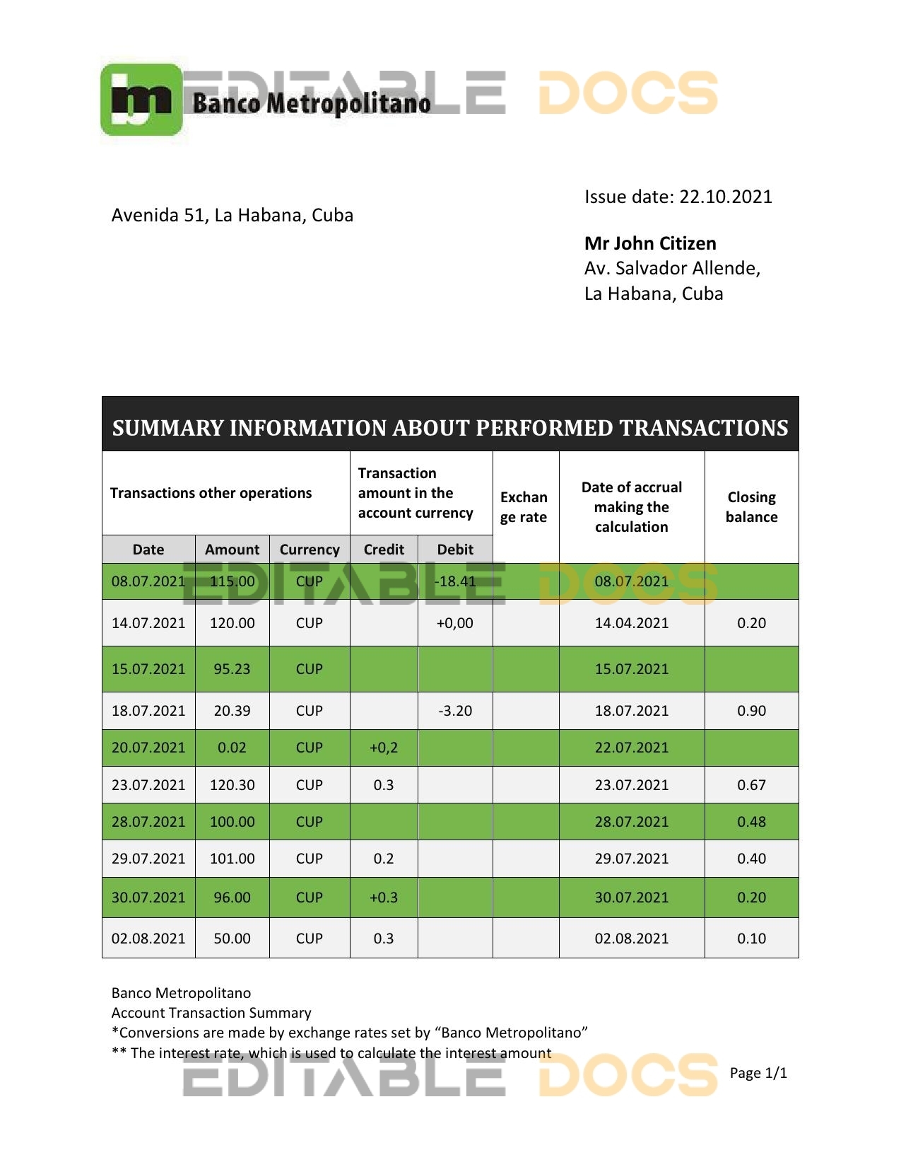 Cuba Banco Metropolitano bank proof of address statement template in Word and PDF format