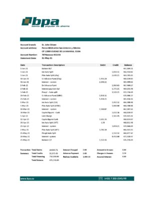 Cuba Banco Popular de Ahorro (BPA) bank proof of address statement template in Word and PDF format