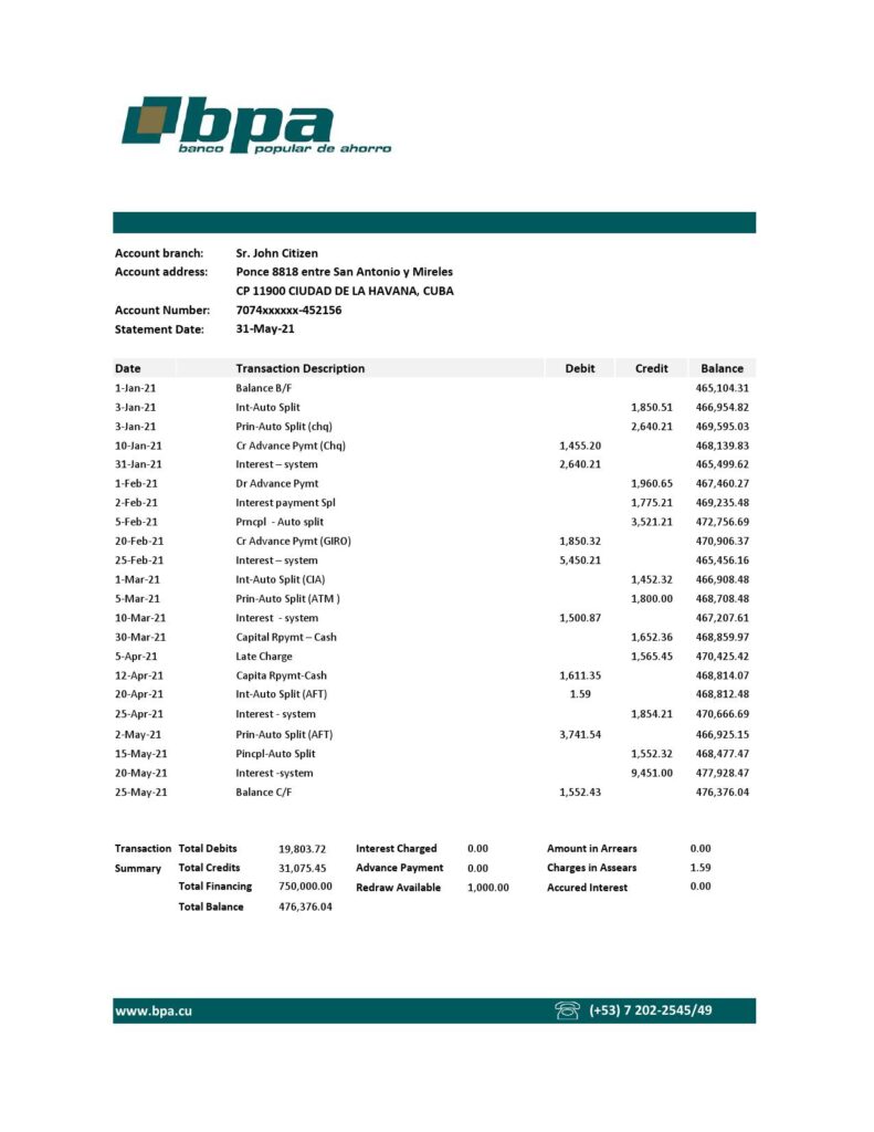 Cuba Banco Popular de Ahorro (BPA) bank proof of address statement template in Word and PDF format