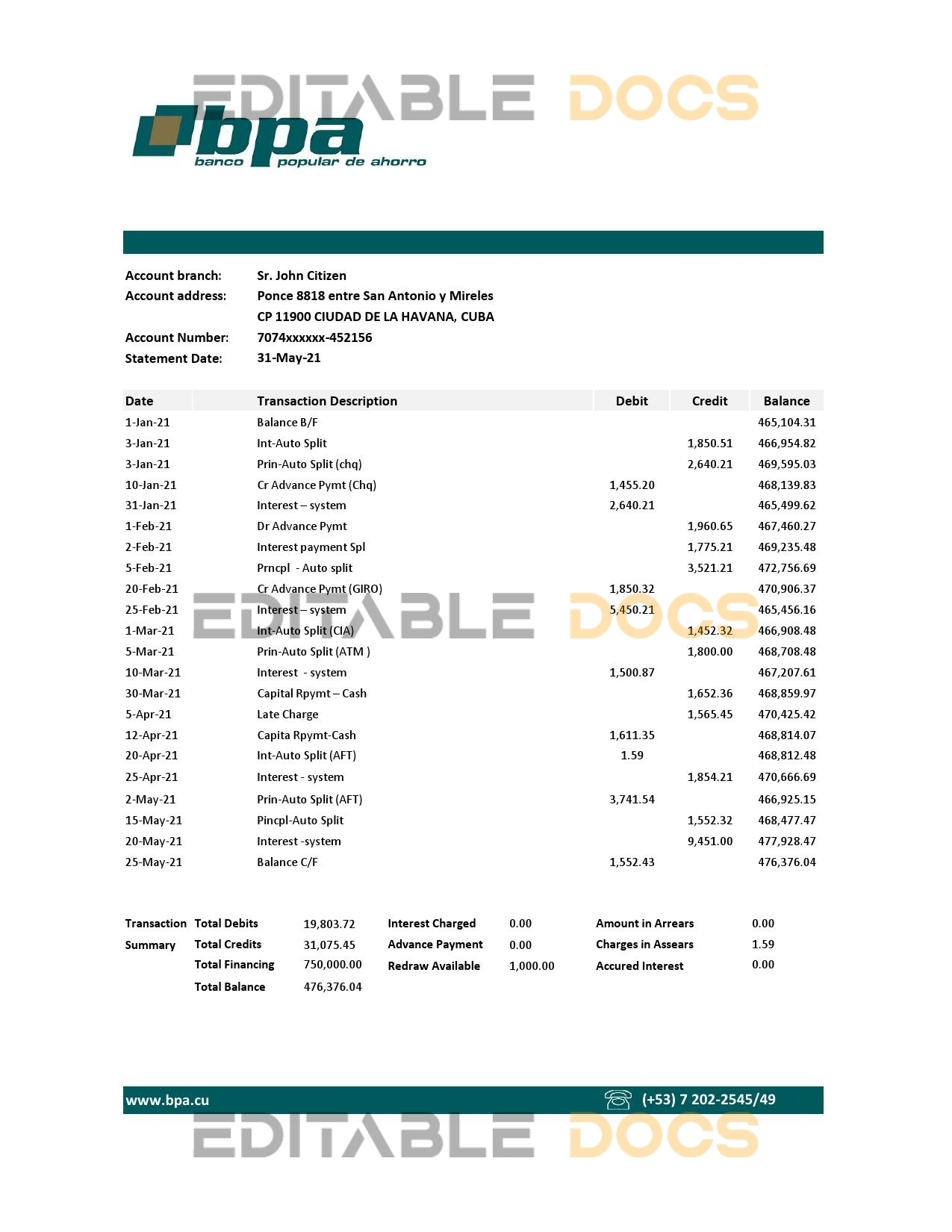 Cuba Banco Popular de Ahorro (BPA) bank statement easy to fill template in Excel and PDF format