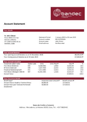 Cuba Bandec Banco de Credito y Comercio bank statement template in Word and PDF format, good for address prove