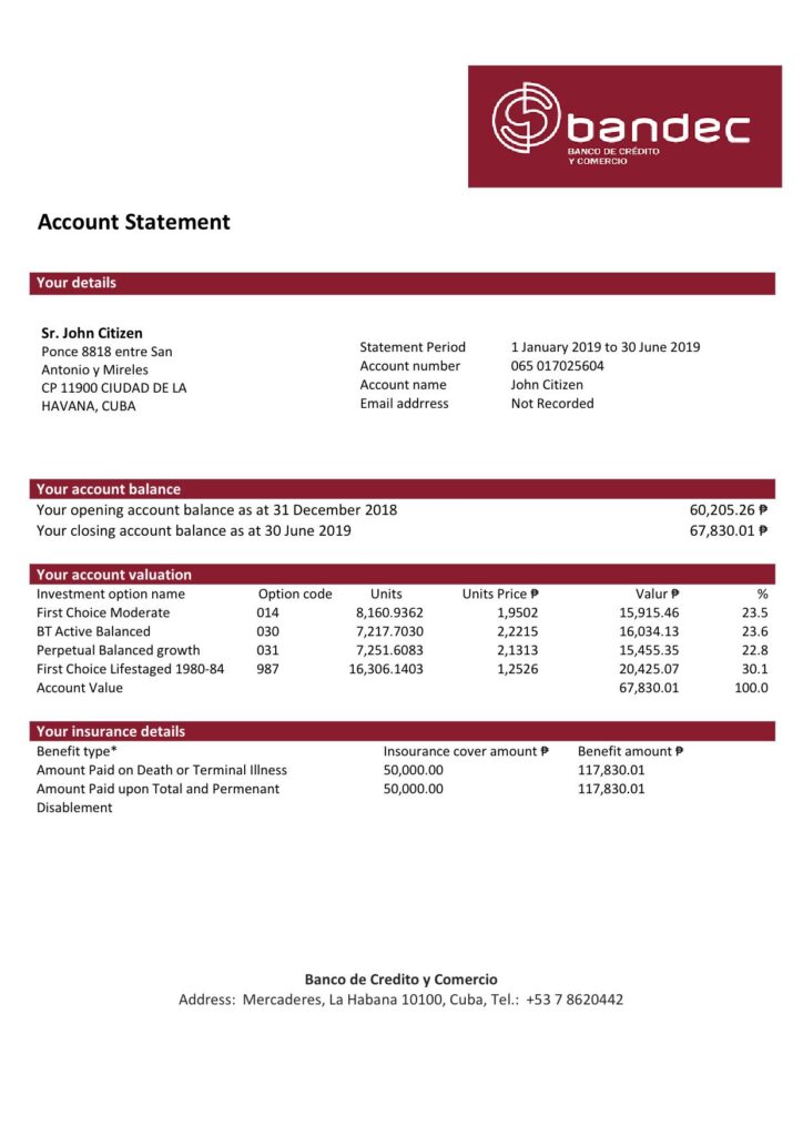 Cuba Bandec Banco de Credito y Comercio bank statement easy to fill template in .xls and .pdf file format