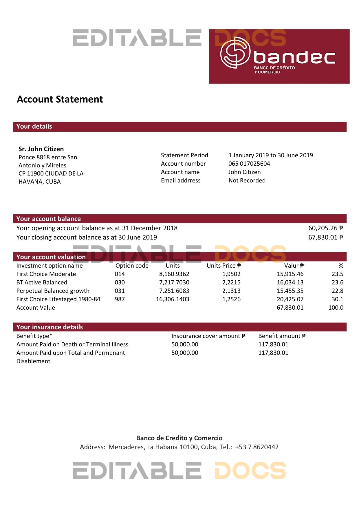 Cuba Bandec Banco de Credito y Comercio bank statement template in Word and PDF format, good for address prove