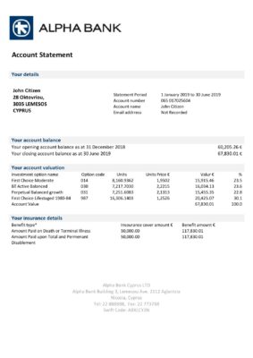 Cyprus Alpha Bank statement template in Word and PDF format