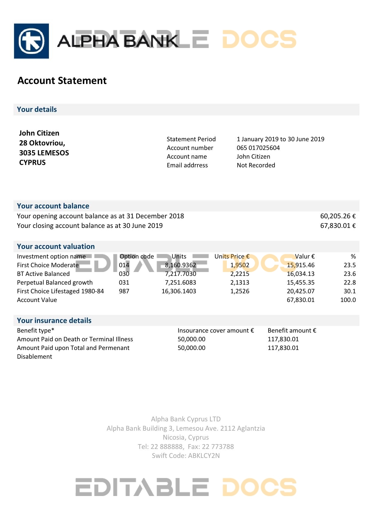 Cyprus Alpha Bank statement easy to fill template in Excel and PDF format