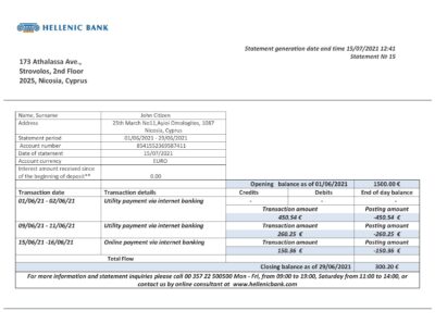 Cyprus Hellenic bank statement template in Word and PDF format