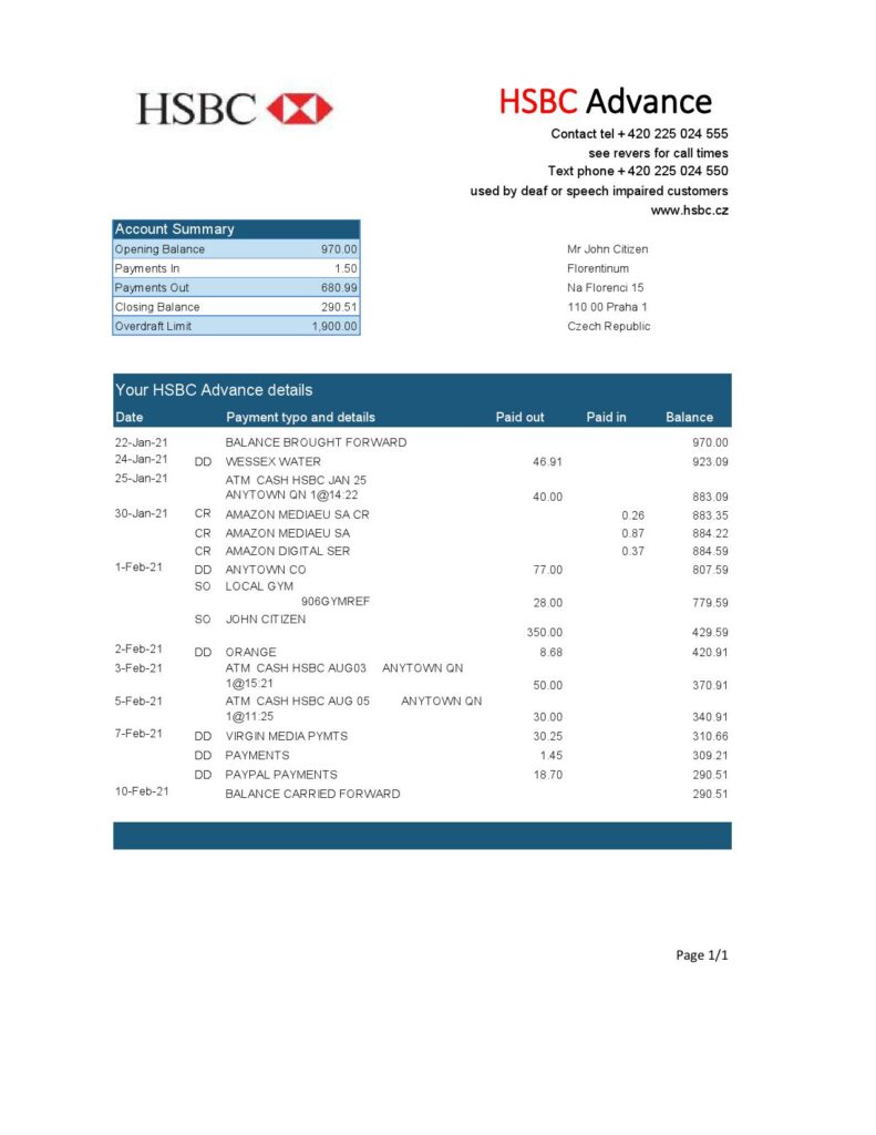 Czech HSBC bank statement easy to fill template in Excel and PDF format
